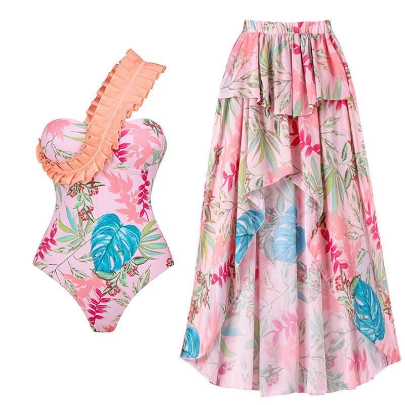 Flowery raffled swimsuit 2 pieces