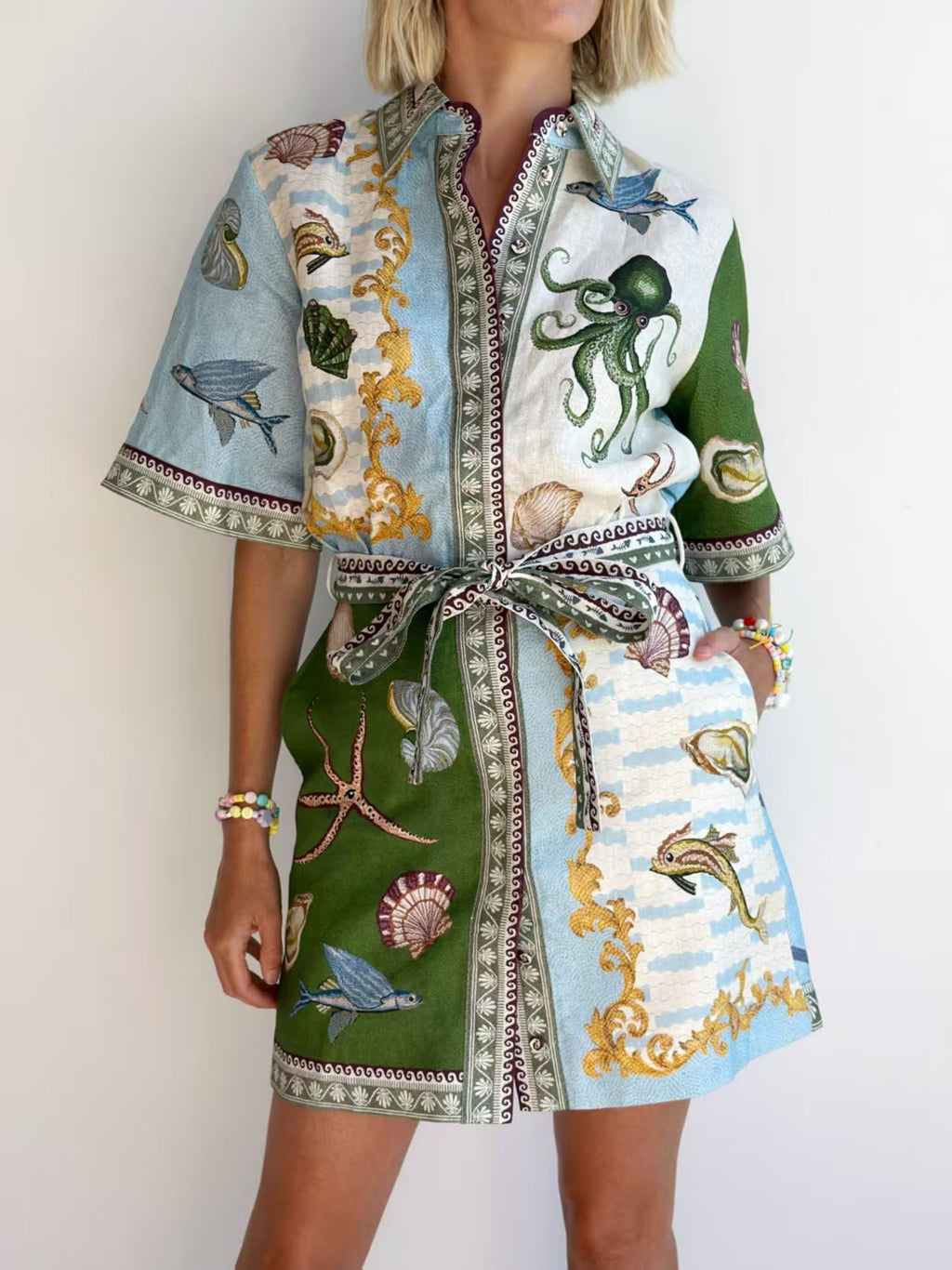 Bohemian linen green dress