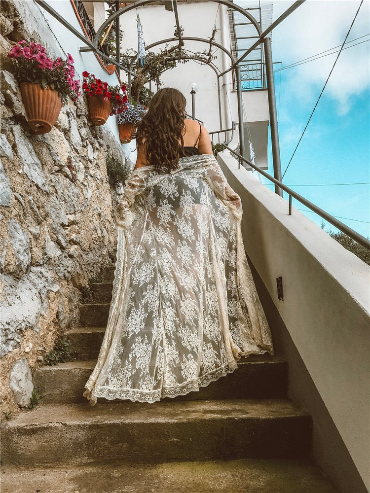 Bridal white long lace robe with belt