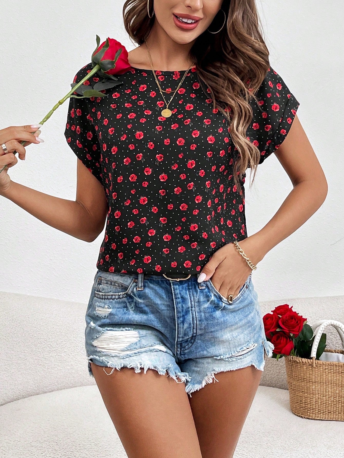 Shein small rose print top