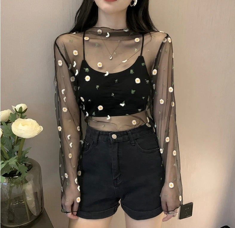 Embroidery mesh top