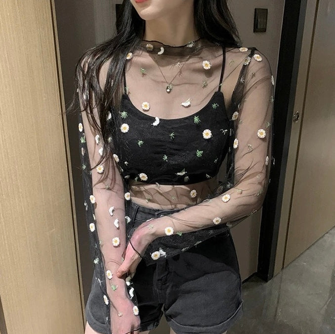 Embroidery mesh top