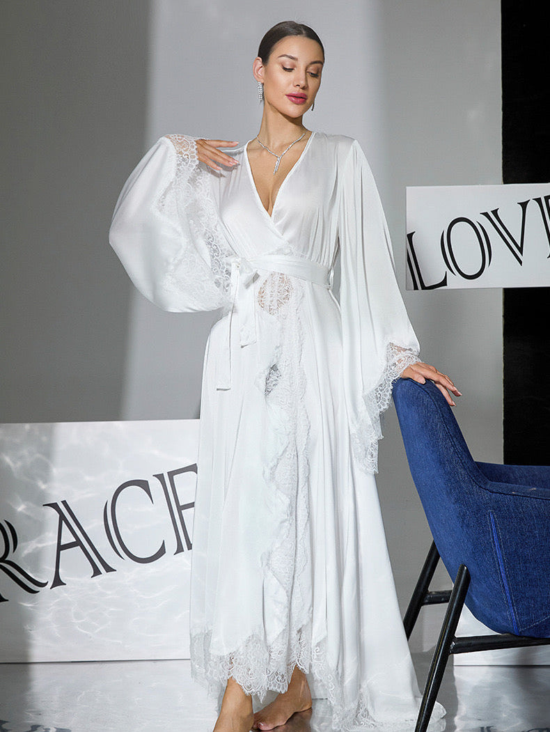 Satin and lace bridal white robe