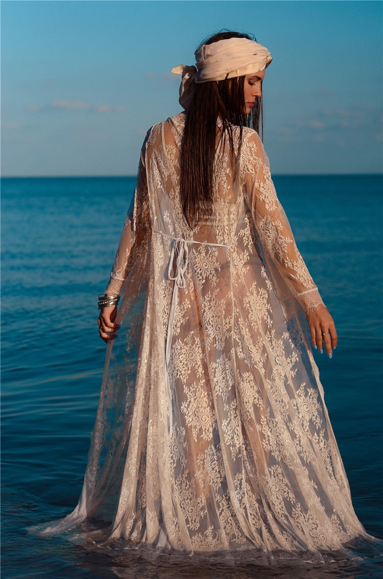 Bridal white long lace robe with belt