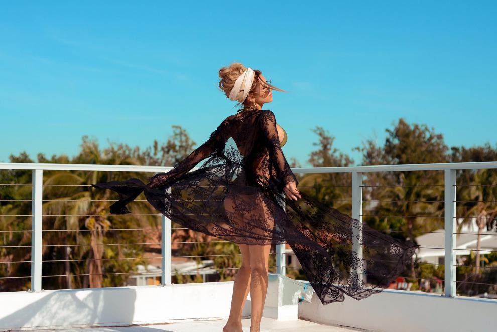 Bridal black  long lace robe with belt