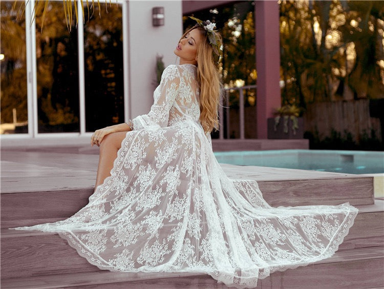 Bridal white long lace robe with belt