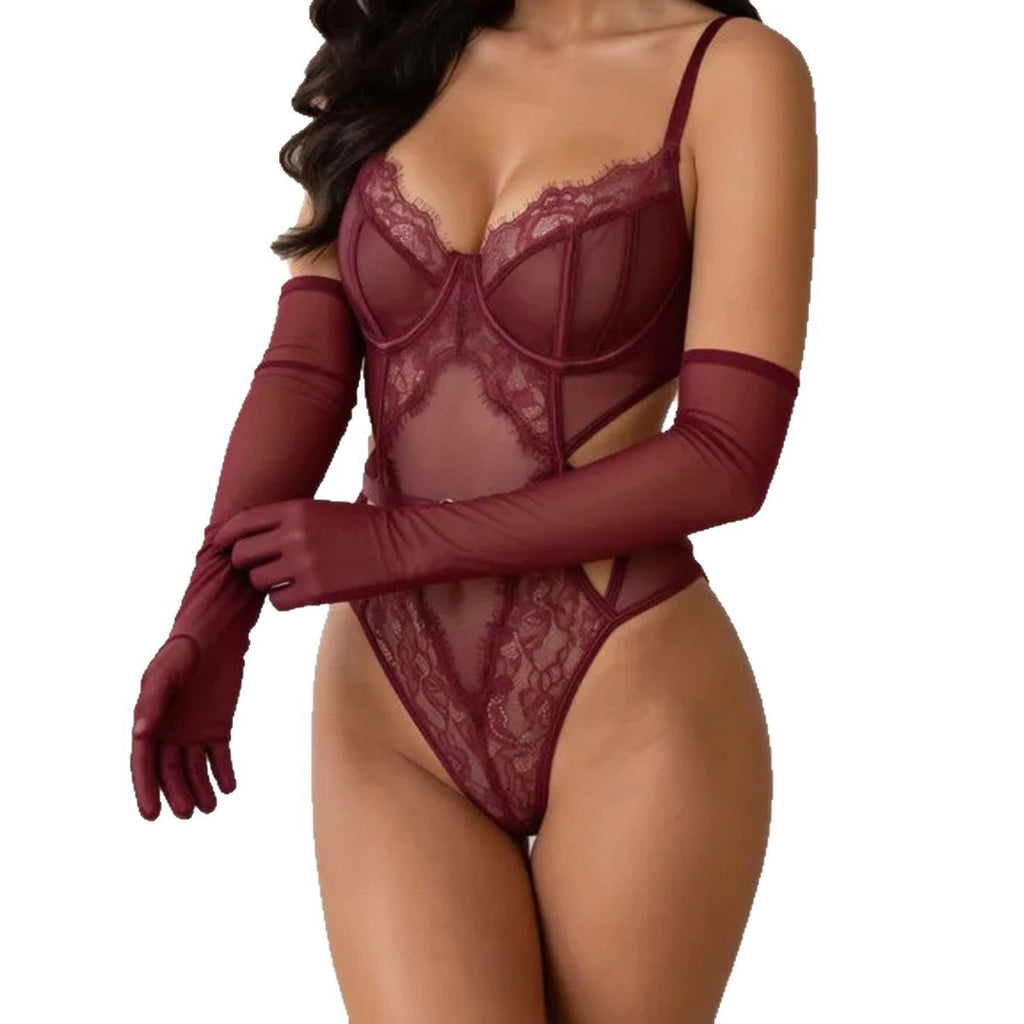 Wild burgundy bodysuit with gloves