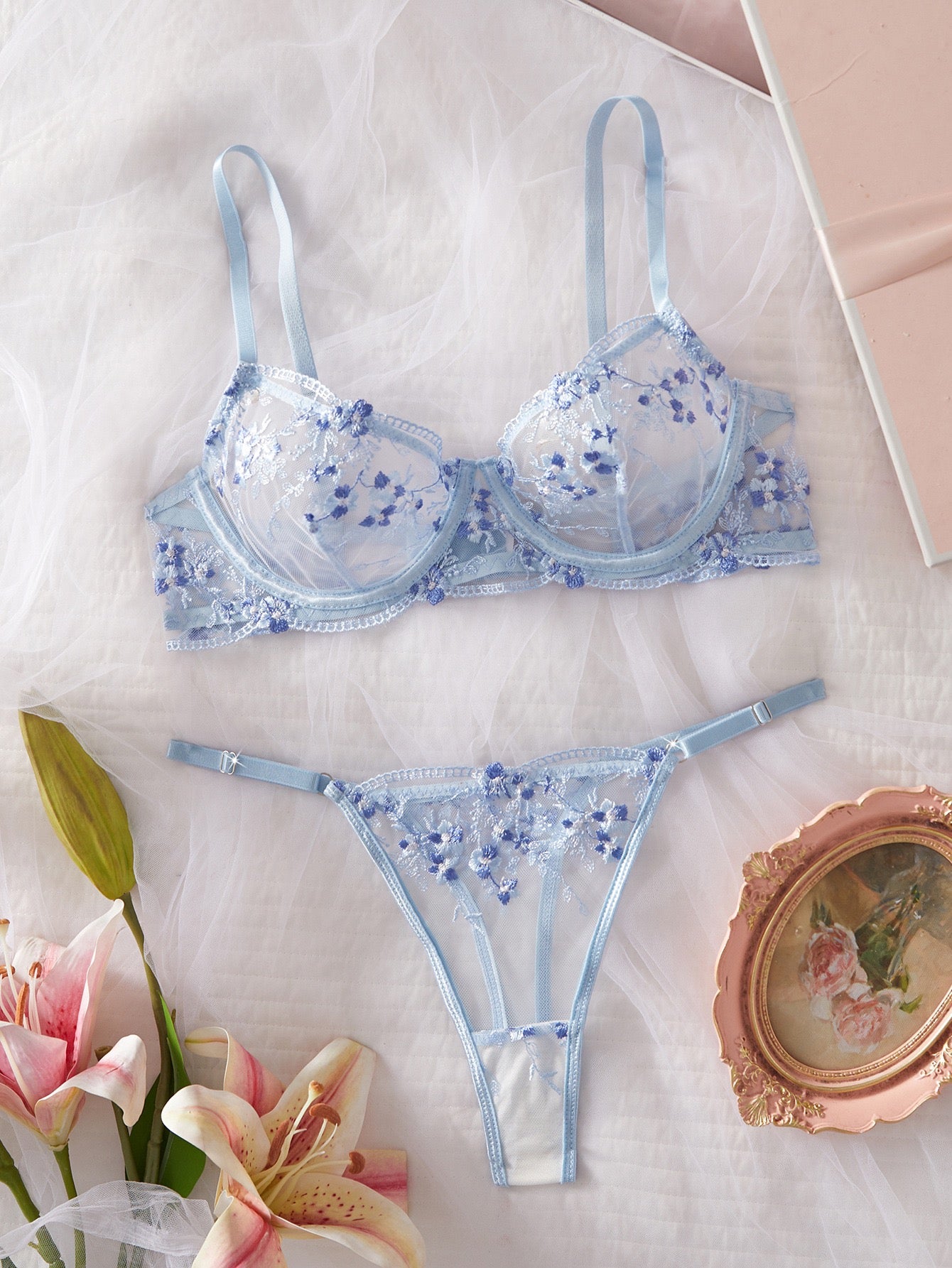Baby blue embroidery lingerie set