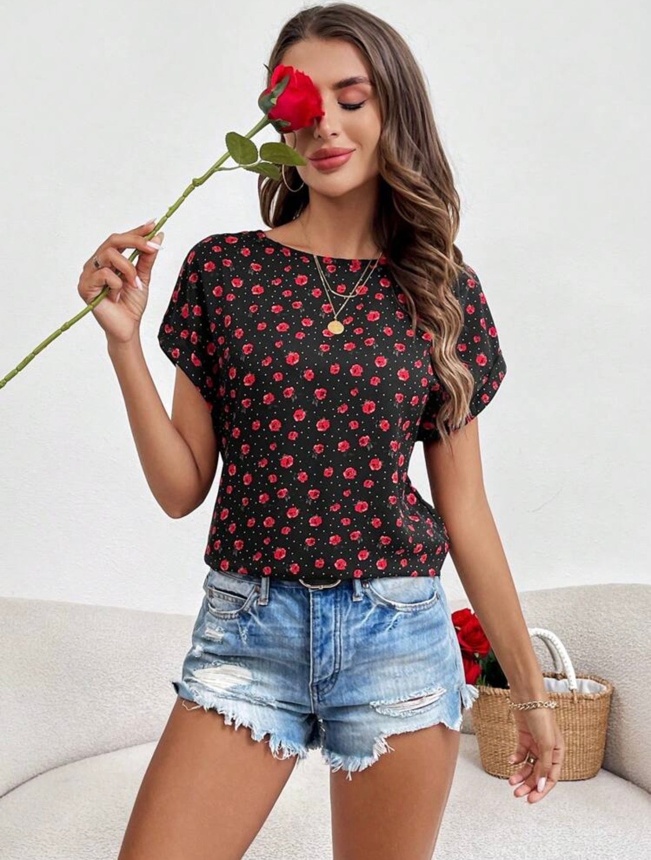 Shein small rose print top