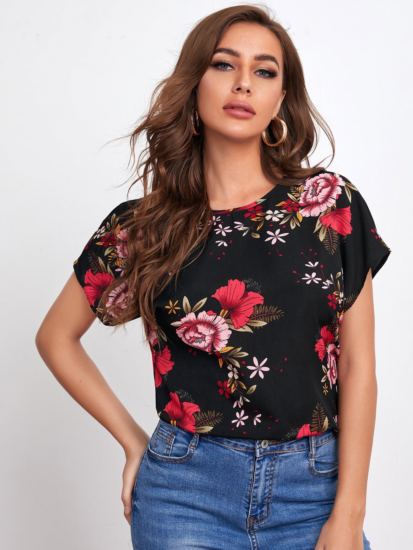 Shein rose print top