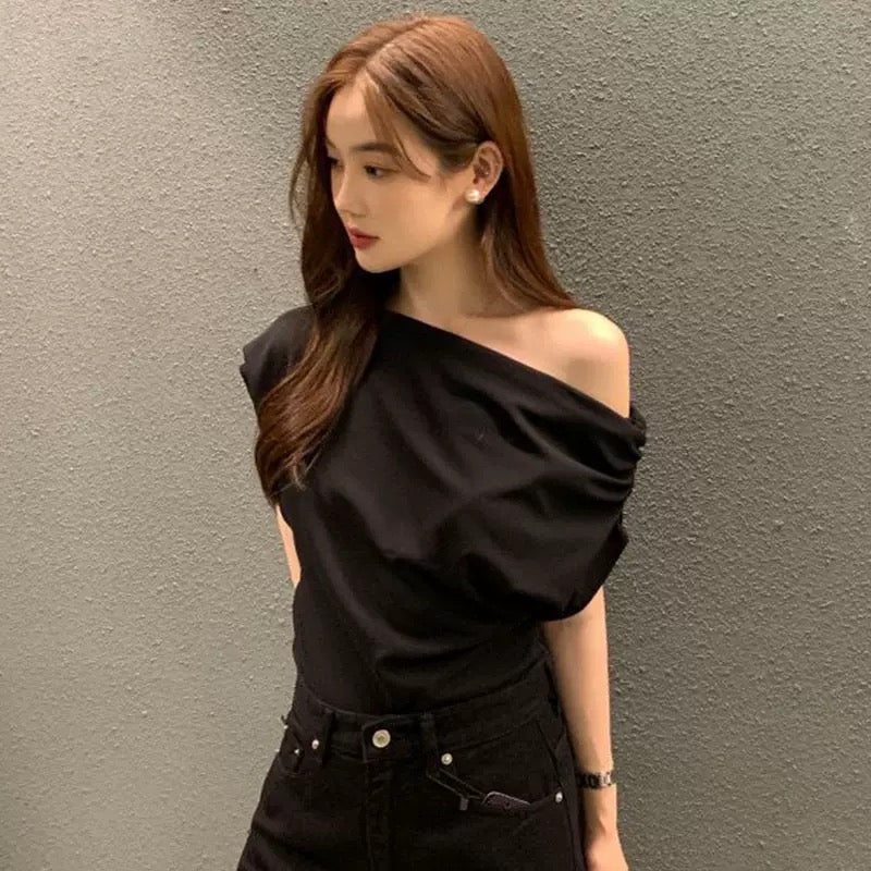Solid Asymmetrical Neck Batwing Sleeve Tee , cotton Crop Tops Women