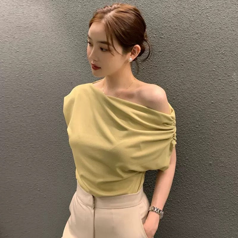 Solid Asymmetrical Neck Batwing Sleeve,cotton Crop Tops Women
