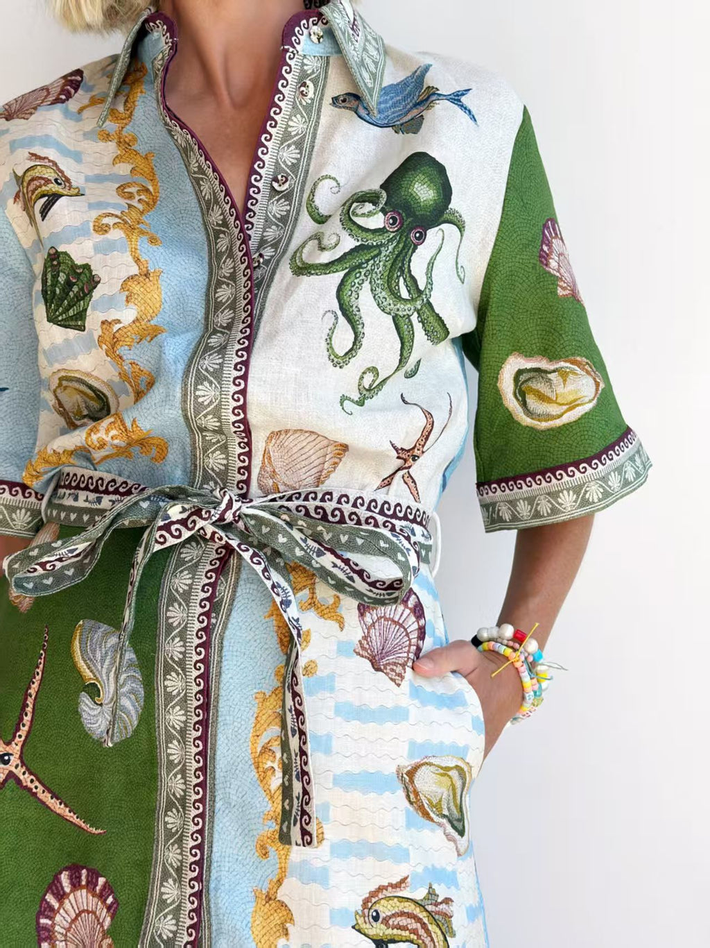Bohemian linen green dress
