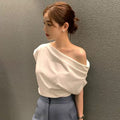 Solid Asymmetrical Neck Batwing Sleeve Tee,cotton Crop Tops Women