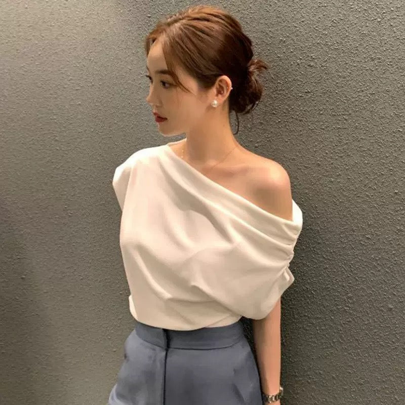Solid Asymmetrical Neck Batwing Sleeve Tee,cotton Crop Tops Women