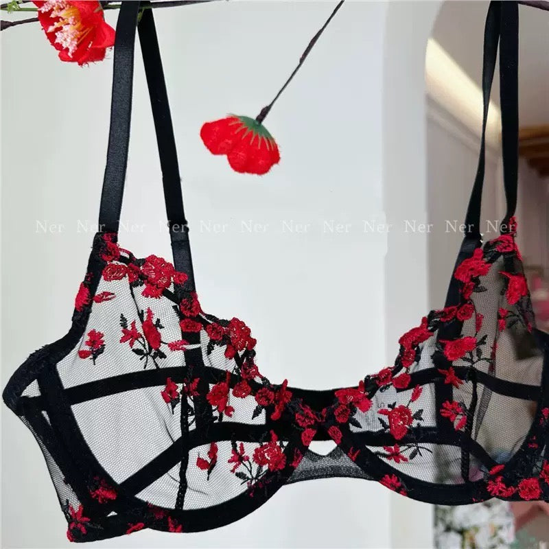 Floral embroidery lingerie set