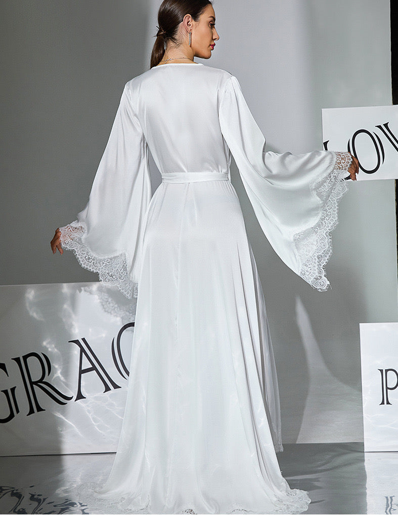 Satin and lace bridal white robe