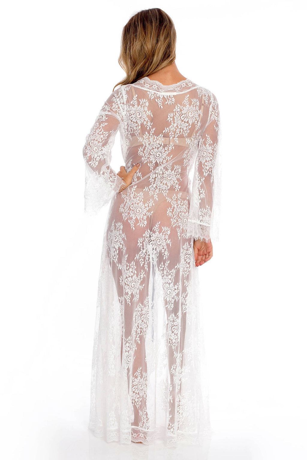 Bridal white long lace robe with belt