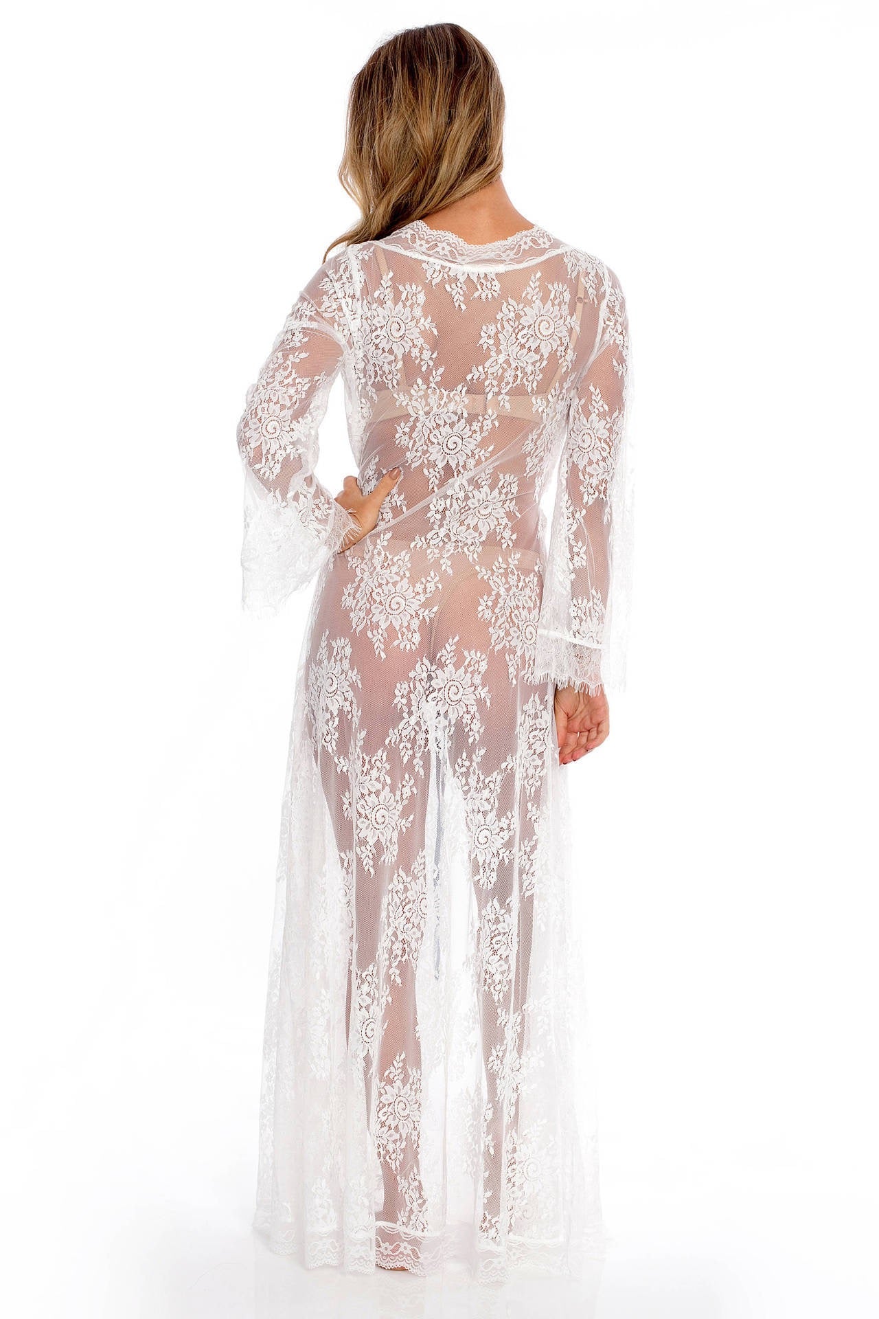 Bridal white long lace robe with belt