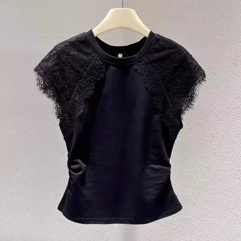 Round Neck Lace T shirt black